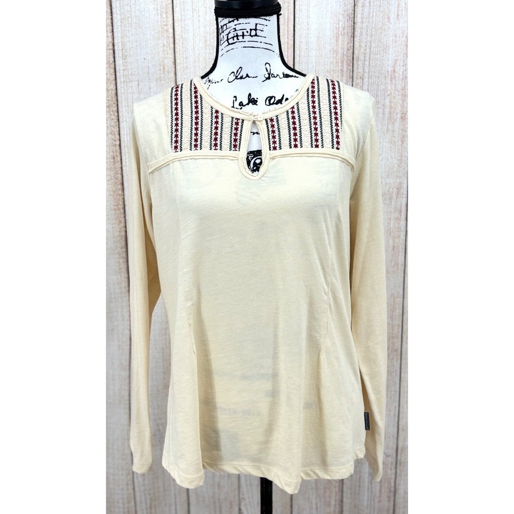 Woolrich Embroidered Long Sleeve Top‎ Women's Size Large Keyhole Neck Cream Boho